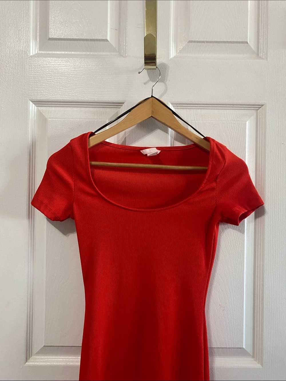H&M Hennes Bright Red Ribbed Fitted Midi Dress XS Viral Colour EUC - Picture 5 of 7